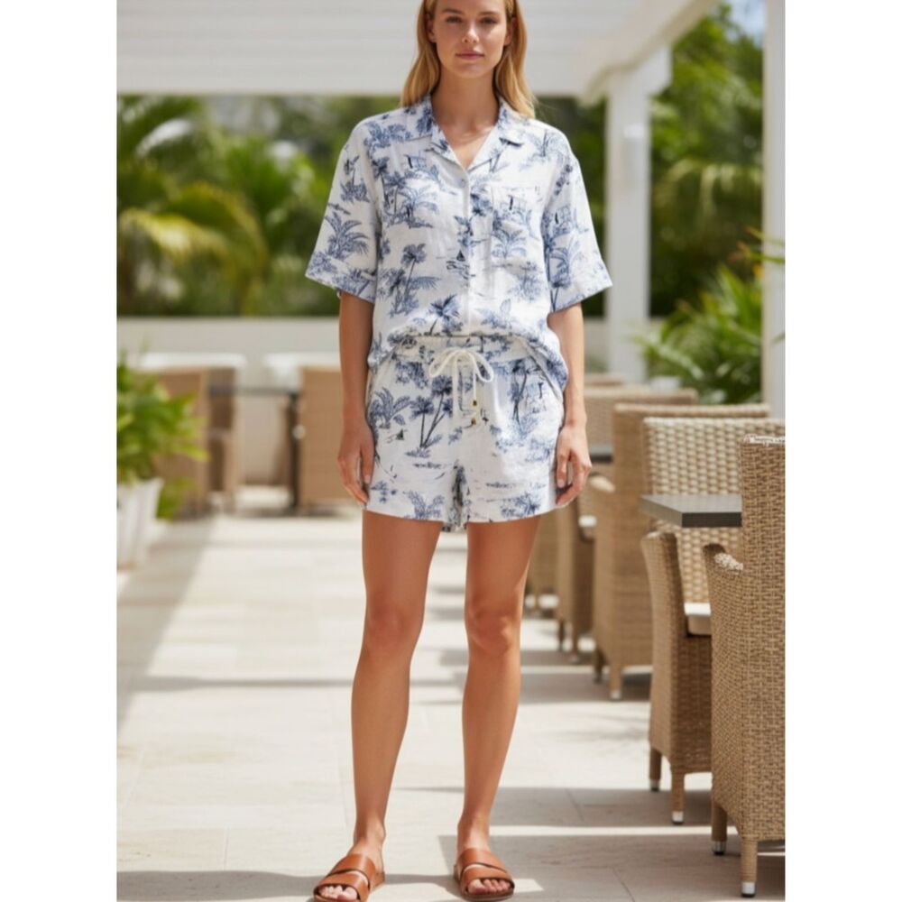 Panama Jack Camp Shirt & Shorts 2-Piece Set Linen Blend Tropical Print Sz S